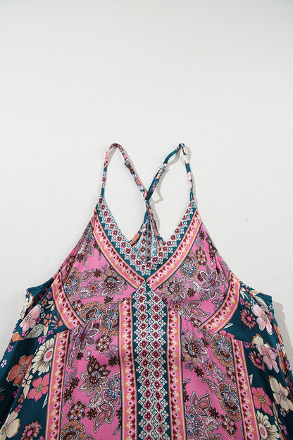 Roze Boheemse lange zomerjurk met bloemenpatchworkprint