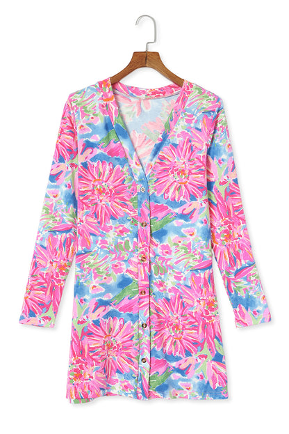 Roze bloemenprint vest met lange mouwen en knopen