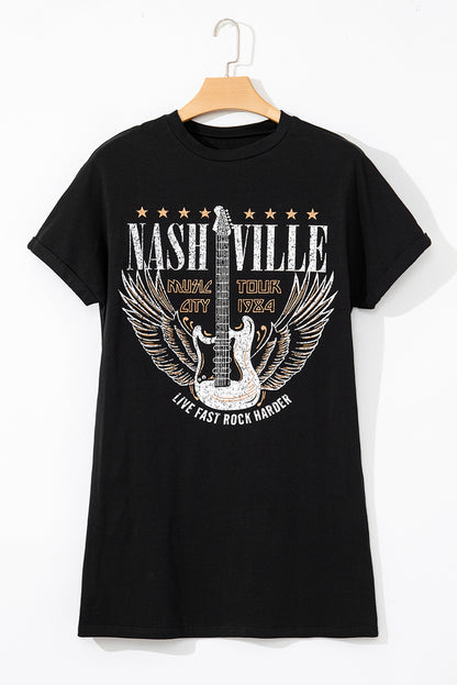 Black Nashville Guitar Print Crew Neck T -shirt mini -jurk