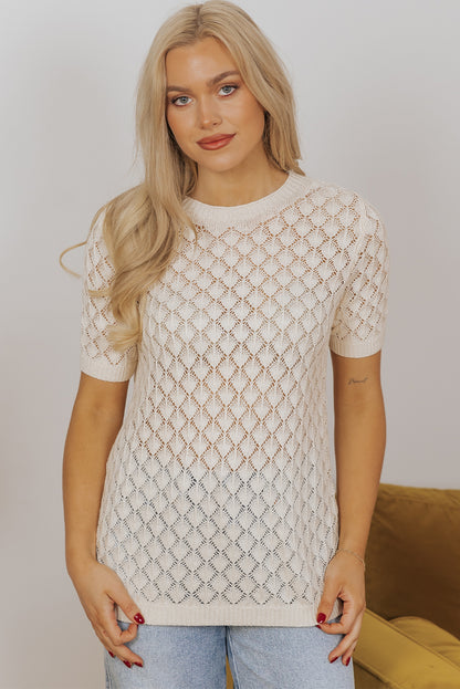 Beige Hollow Out Crochet O Neck korte mouw trui T -shirt