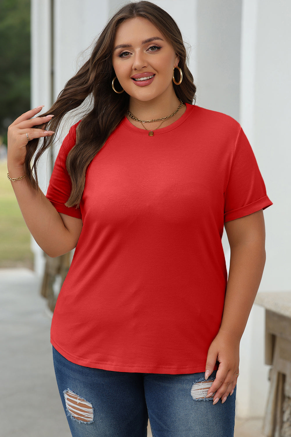 Rood casual effen T-shirt met ronde hals