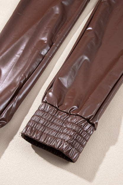 Bruine gesmokte leren skinny broek met hoge taille