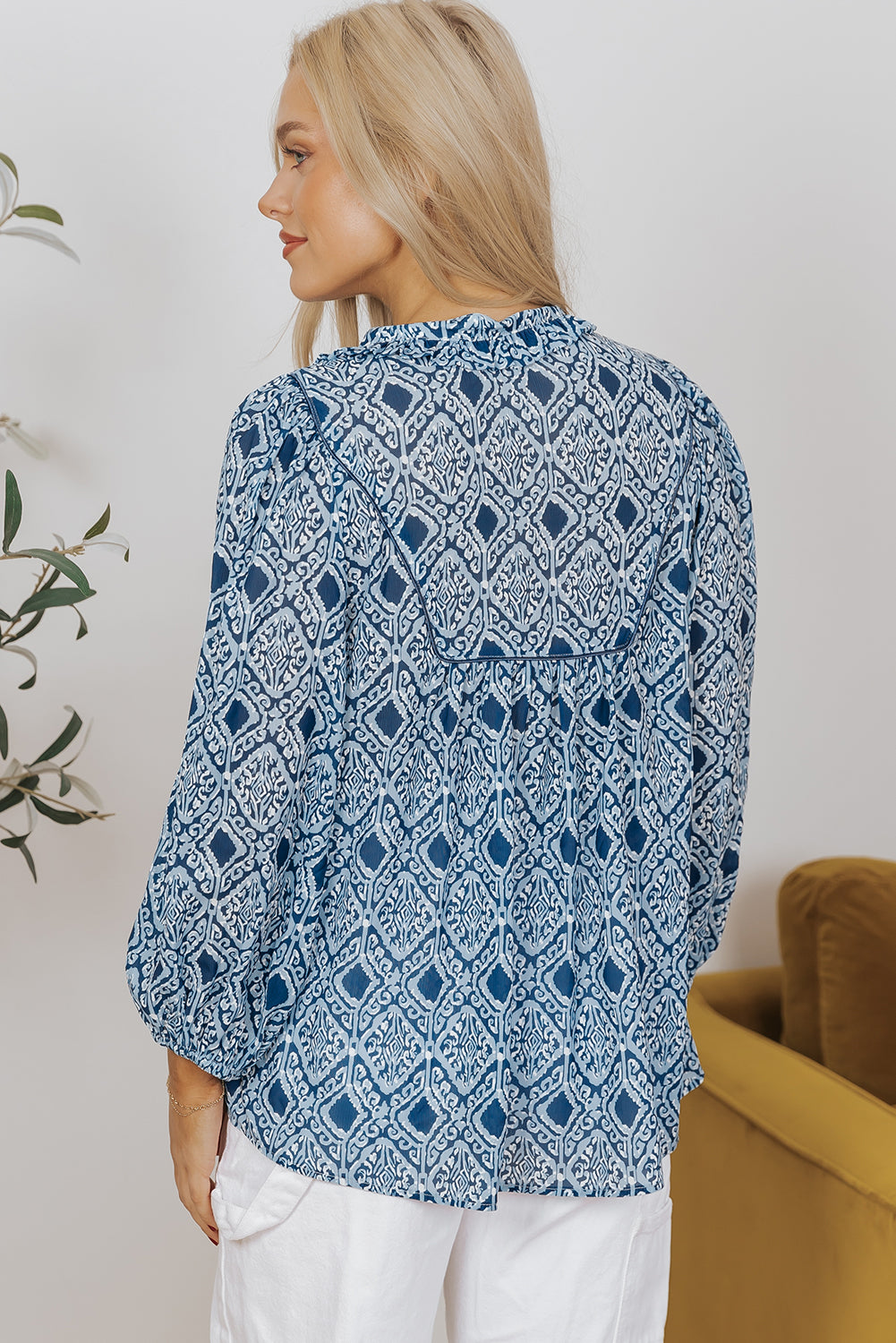 Hemelblauw westerse geometrische print fromed v nek losse fit blouse