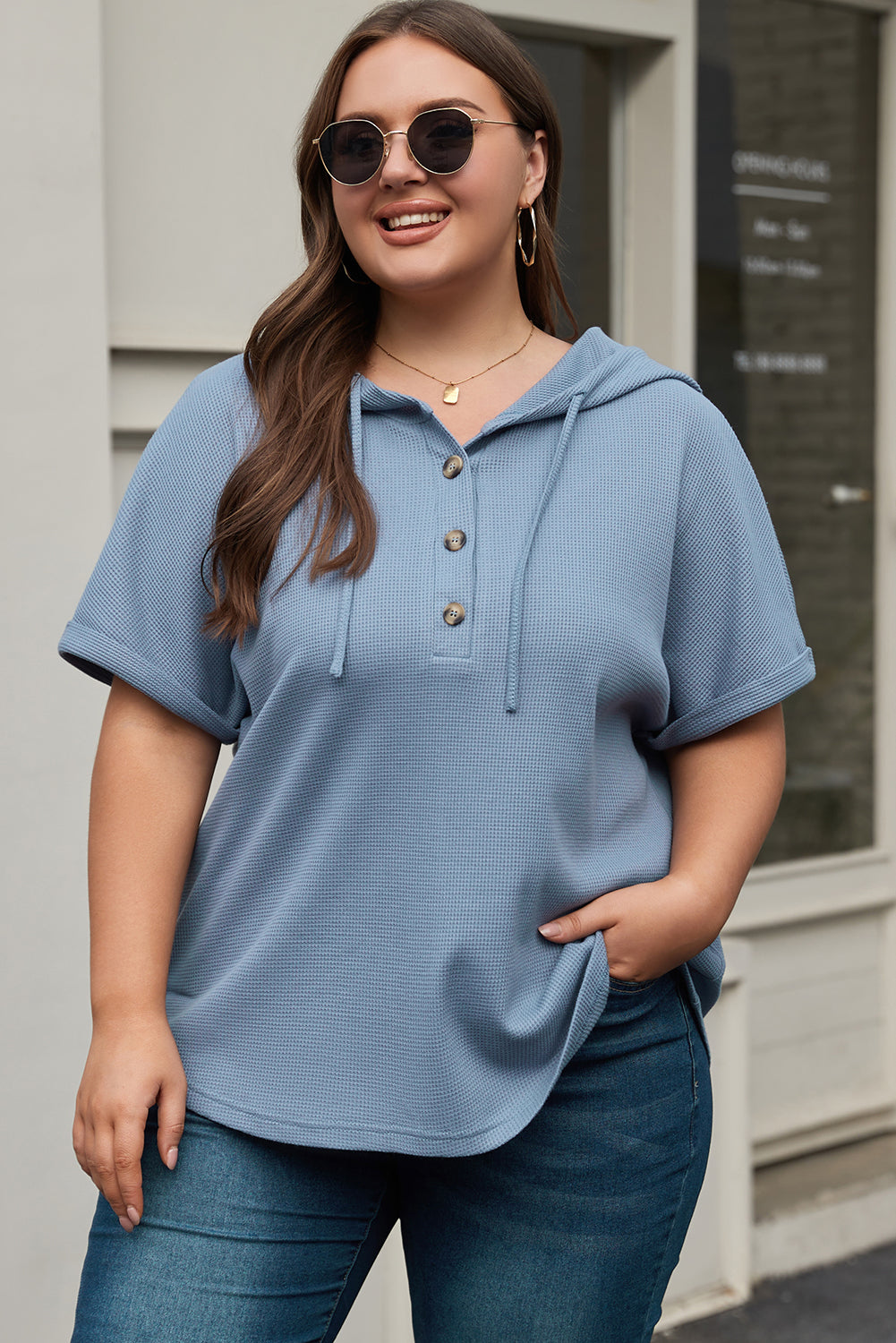 Ashleigh Blue Plus size wafelgebreide hoodie met korte mouwen en trekkoord
