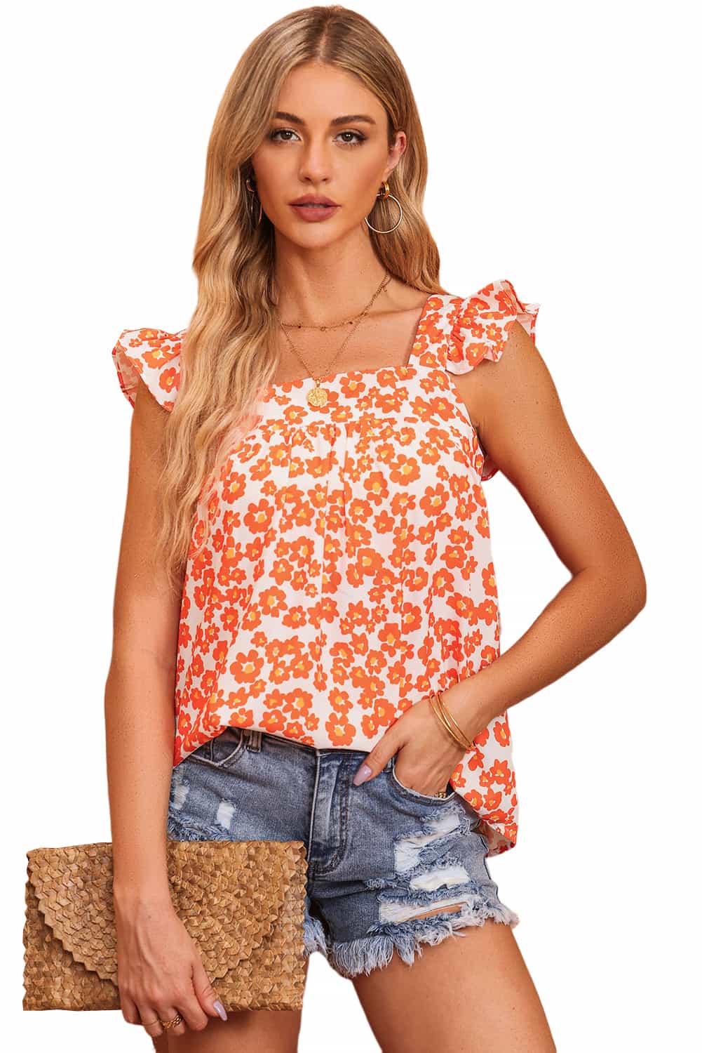 Oranje tanktop met ruches met vierkante hals en bloemenprint