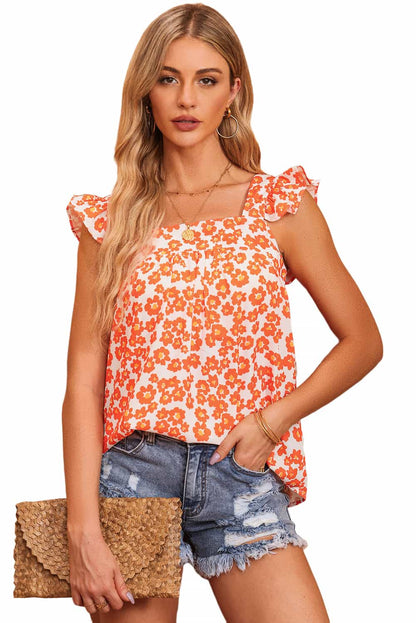 Oranje tanktop met ruches met vierkante hals en bloemenprint