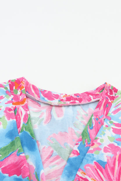 Roze bloemenprint vest met lange mouwen en knopen
