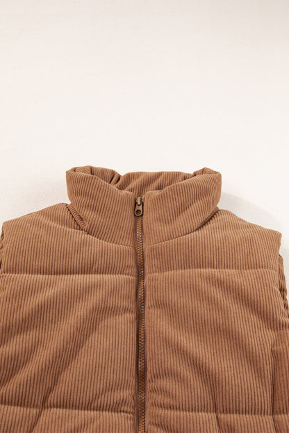 Koffie corduroy standaard nek ritssluiting puffer vest