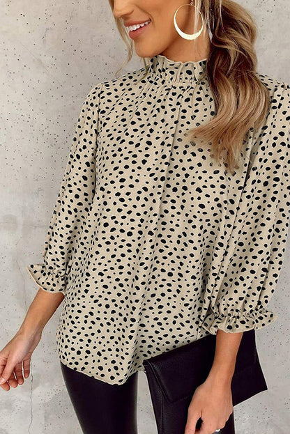 Kaki Cheetah-blouse met 3/4 mouwen en ruches aan de hals