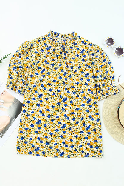 Gele Boho bloemen ruches korte mouw franje mock hals blouse
