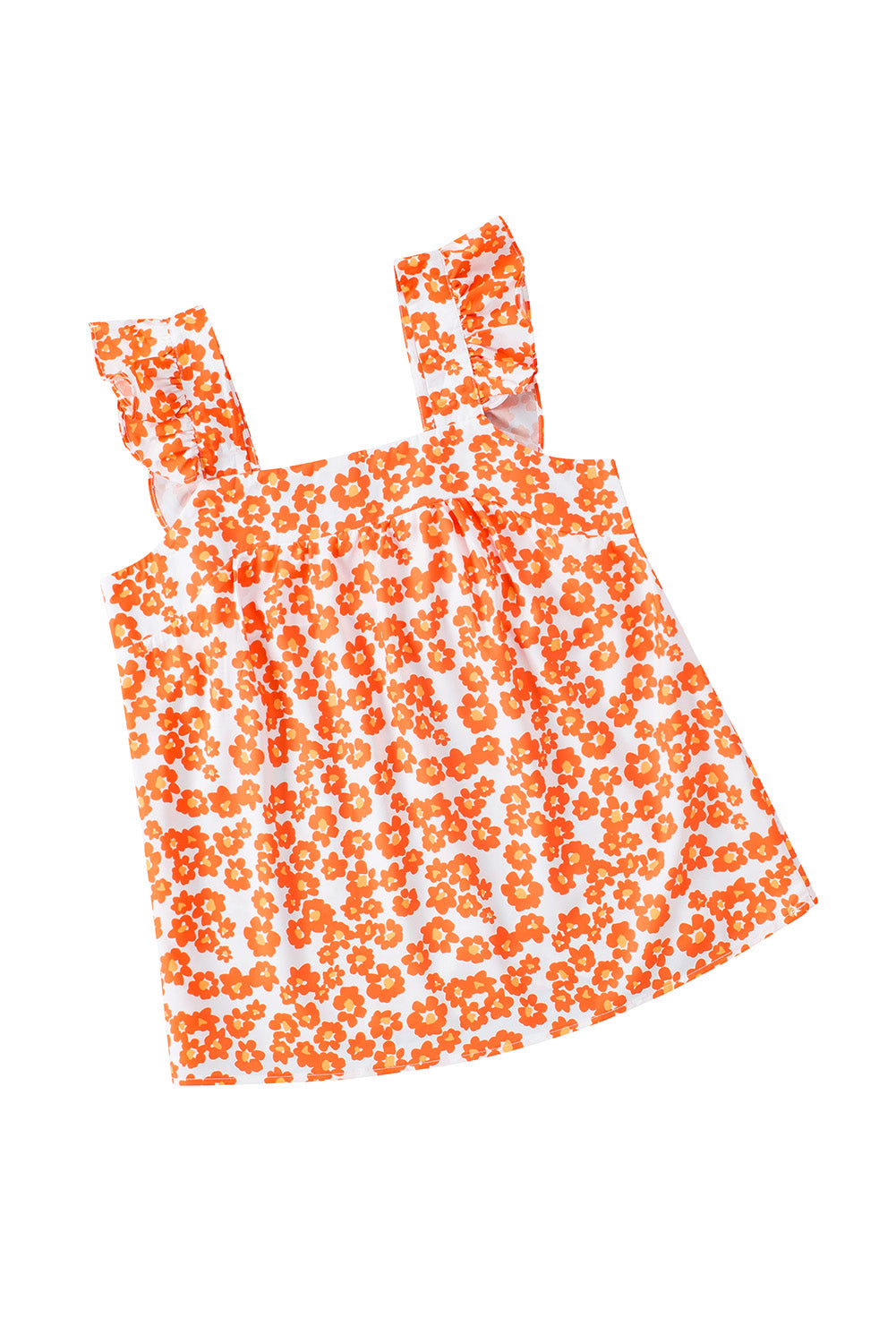 Oranje tanktop met ruches met vierkante hals en bloemenprint