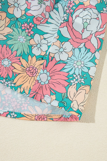 Veelkleurige bloemenblouse met ingekeepte hals en korte mouwen