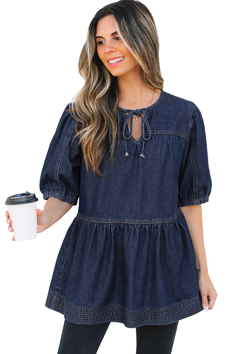Zeil blauwe puff mouw veter halslijn splicing denim blouse
