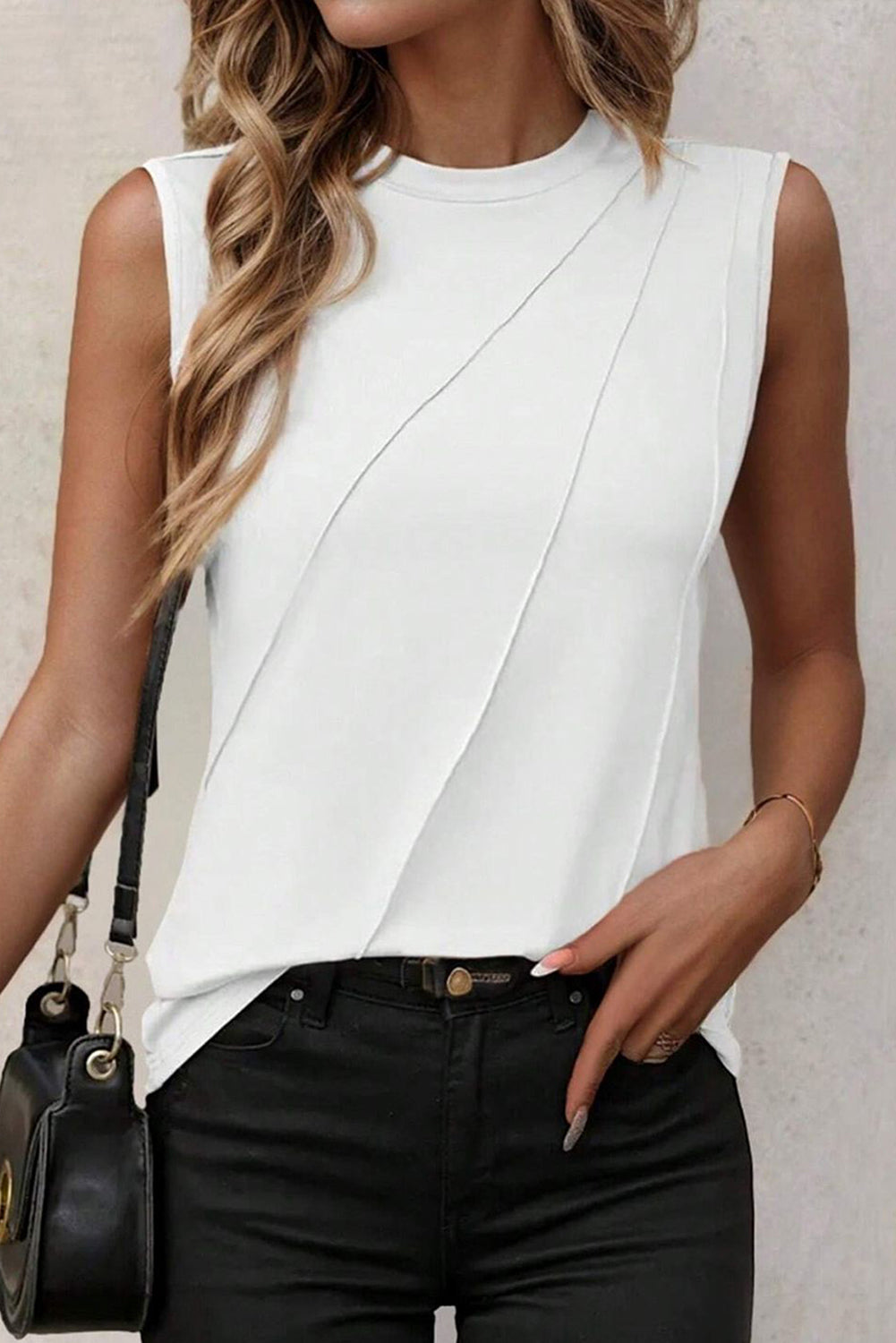 Witte geplooide tanktop met ronde hals