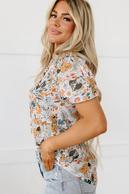 Veelkleurige blouse met split en V-hals, pofmouwen en bloemenprint