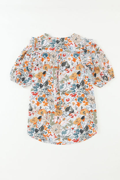 Veelkleurige blouse met split en V-hals, pofmouwen en bloemenprint
