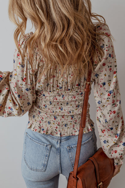 Beige boho bloemenprint gesmokte taille v nek blouse