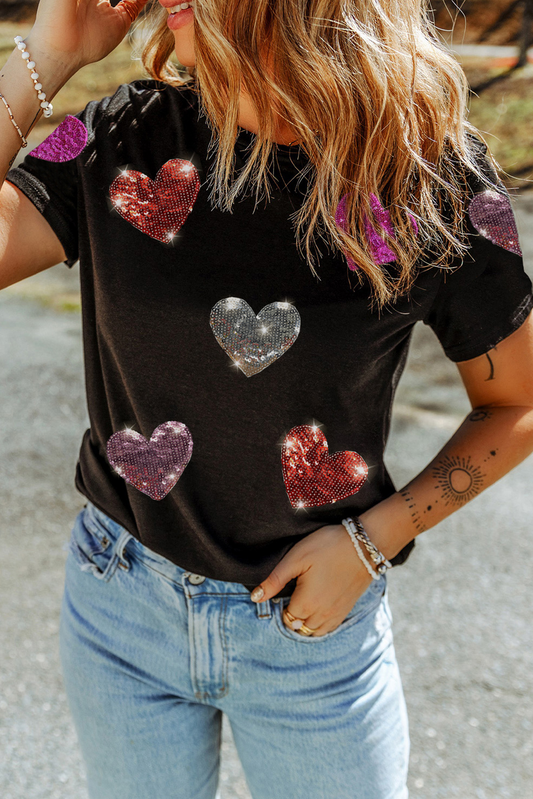 Zwart pailletten hart gepatcht patroon Crewneck Valentines T -shirt