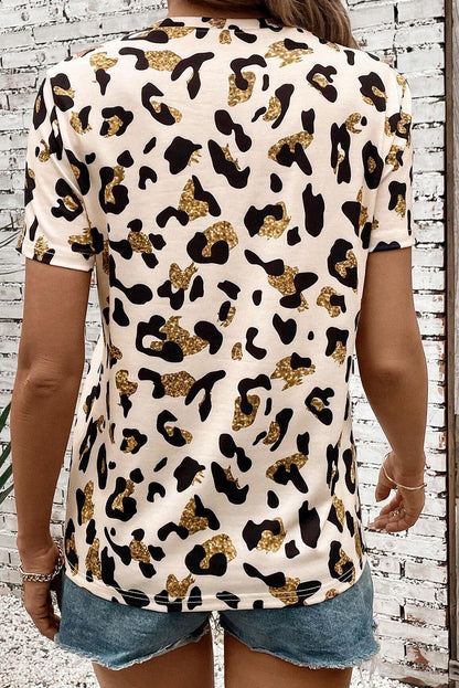 Abrikoos luipaard afdruk ronde nek casual t -shirt