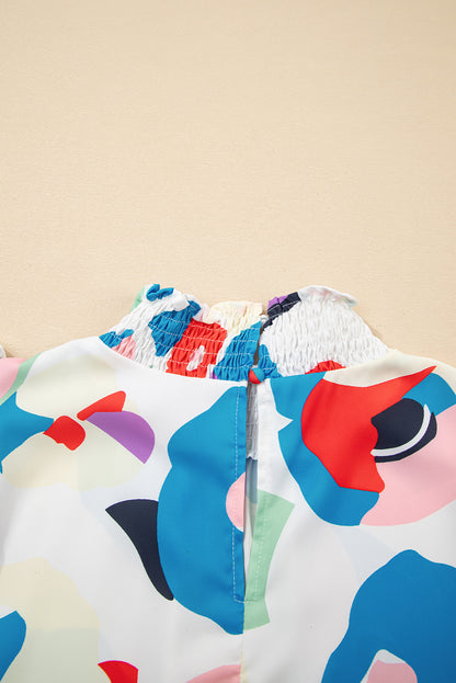 Gesmokte blouse met veelkleurige abstracte print en ruches aan de mouwen