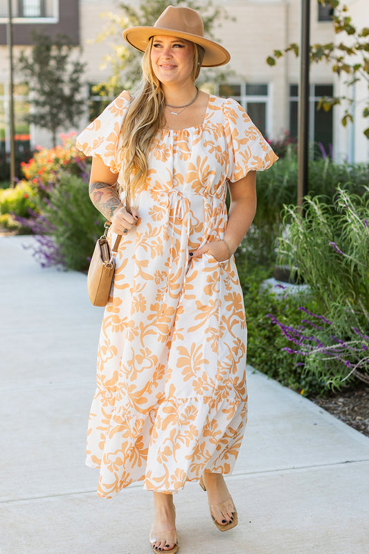 Abrikoos bloemenprint bladerdeeg Korte mouw resort plus maat maxi -jurk