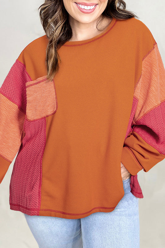 Oranje gestructureerde gebreide kleurblok patchwork borstpocket pocket plus size top