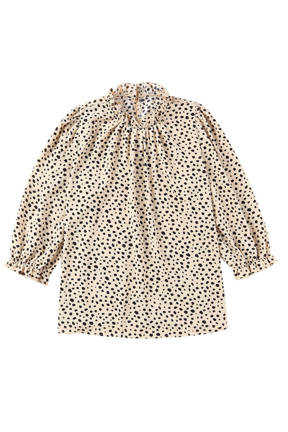 Kaki Cheetah-blouse met 3/4 mouwen en ruches aan de hals