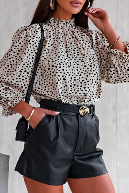 Kaki Cheetah-blouse met 3/4 mouwen en ruches aan de hals