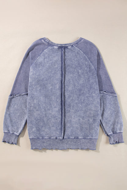 Zeil blauw massief wafel gebreide patchwork raglan mouw sweatshirt