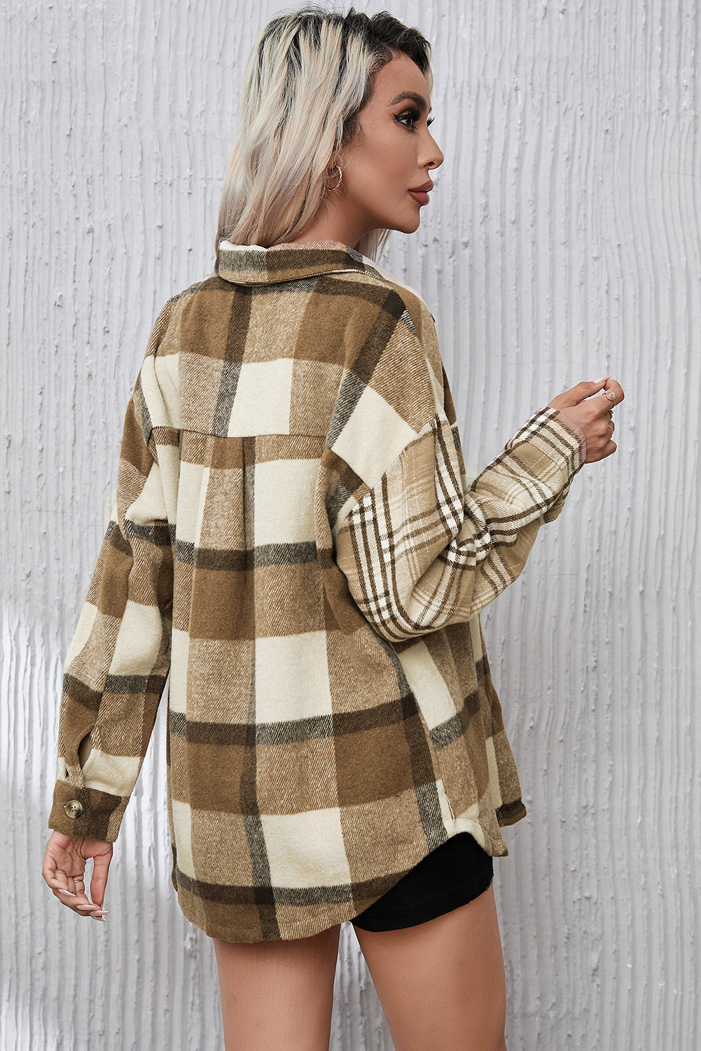 Perkament contrasterende geruite patchwork klepzak-shacket