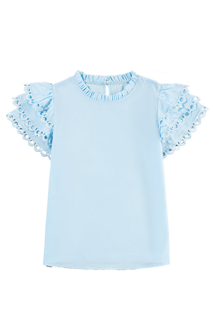 Beau blauwe gelaagde Ric Rac-blouse met kapmouwen en gevulde nek