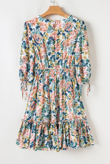 Sky Blue Floral 3/4 Sleeve V Neck High Taille Ruffled Dress