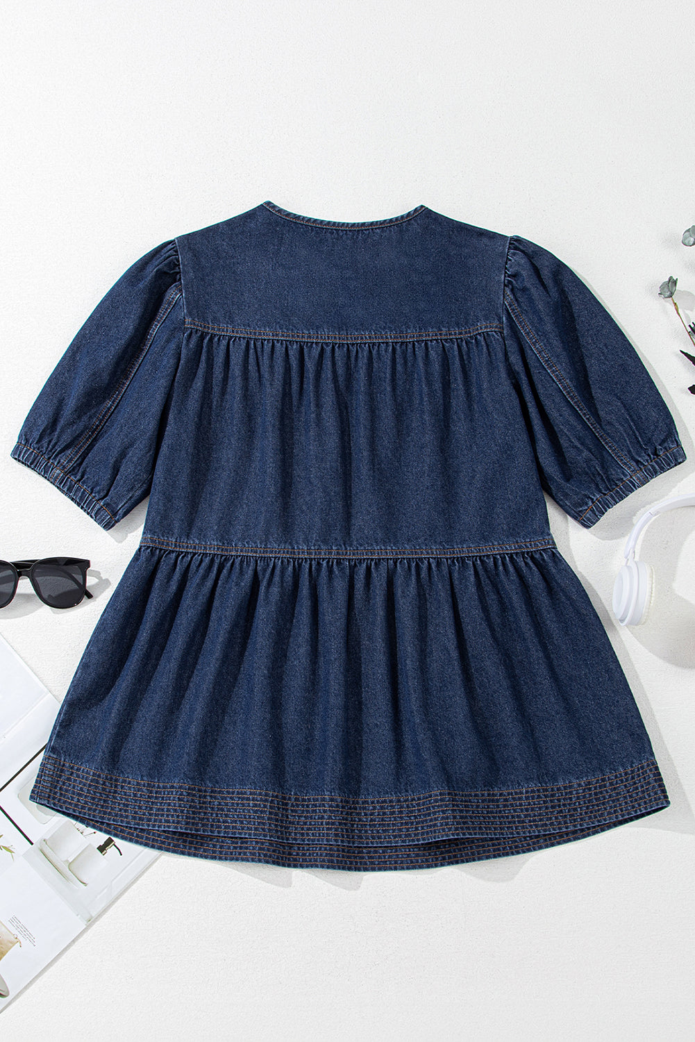Zeil blauwe puff mouw veter halslijn splicing denim blouse
