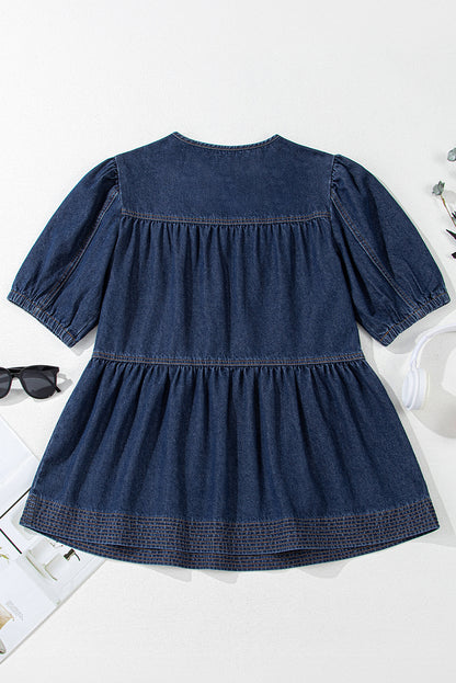 Zeil blauwe puff mouw veter halslijn splicing denim blouse