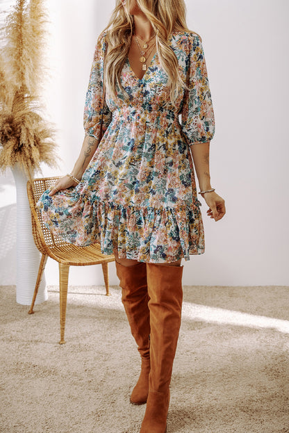 Sky Blue Floral 3/4 Sleeve V Neck High Taille Ruffled Dress