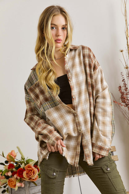 Bruin multi-geruit casual overhemd met ruwe rand en patchwork