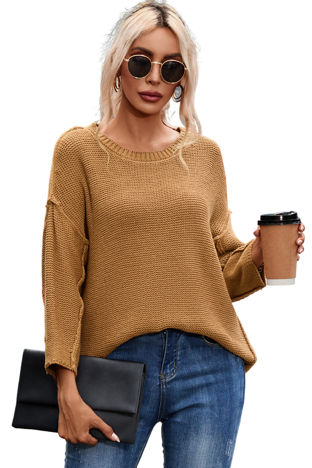 Bruine slouchy getextureerde gebreide losse trui