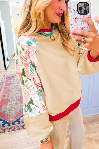 Beige Bowknot Gedrukt Patchwork Raglan Sleeve Colorblock Edge Top