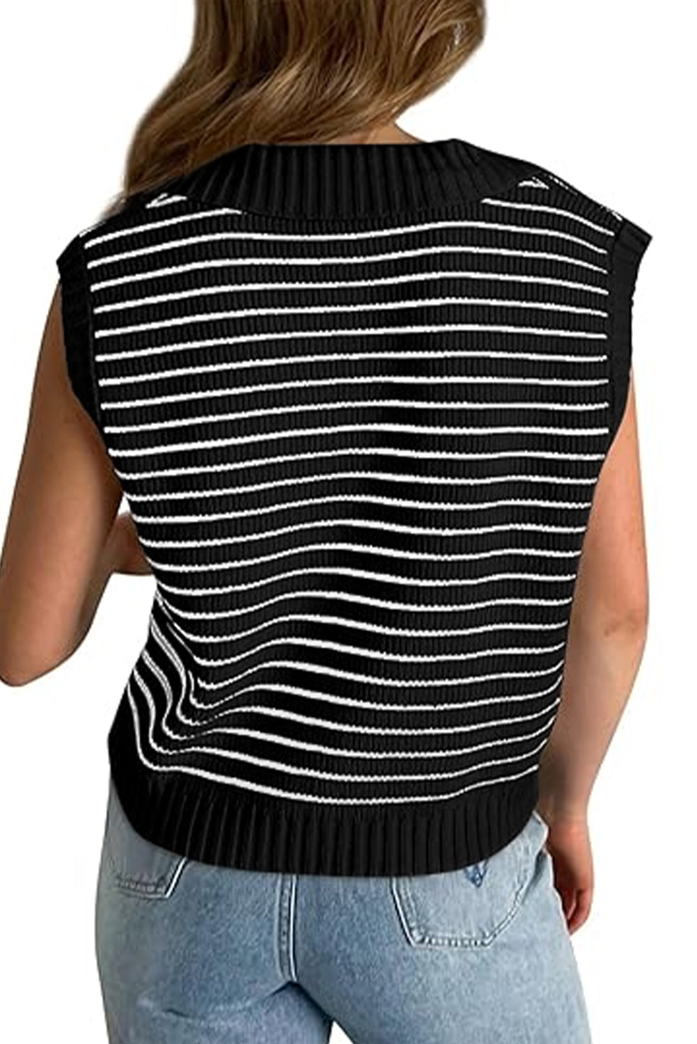 Zwarte gestreepte turn-down tanktop met V-hals