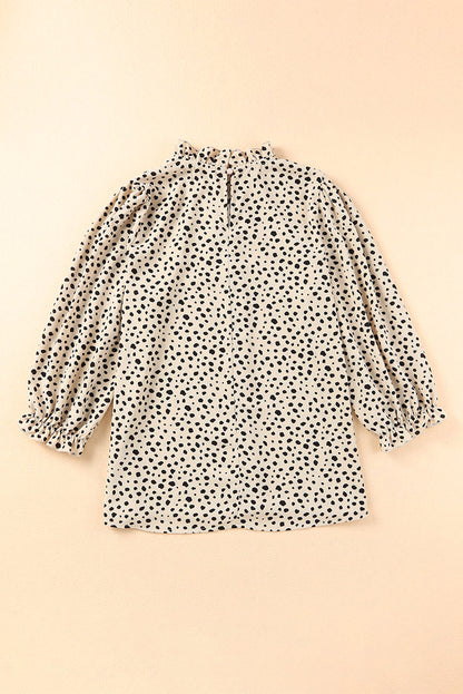 Kaki Cheetah-blouse met 3/4 mouwen en ruches aan de hals