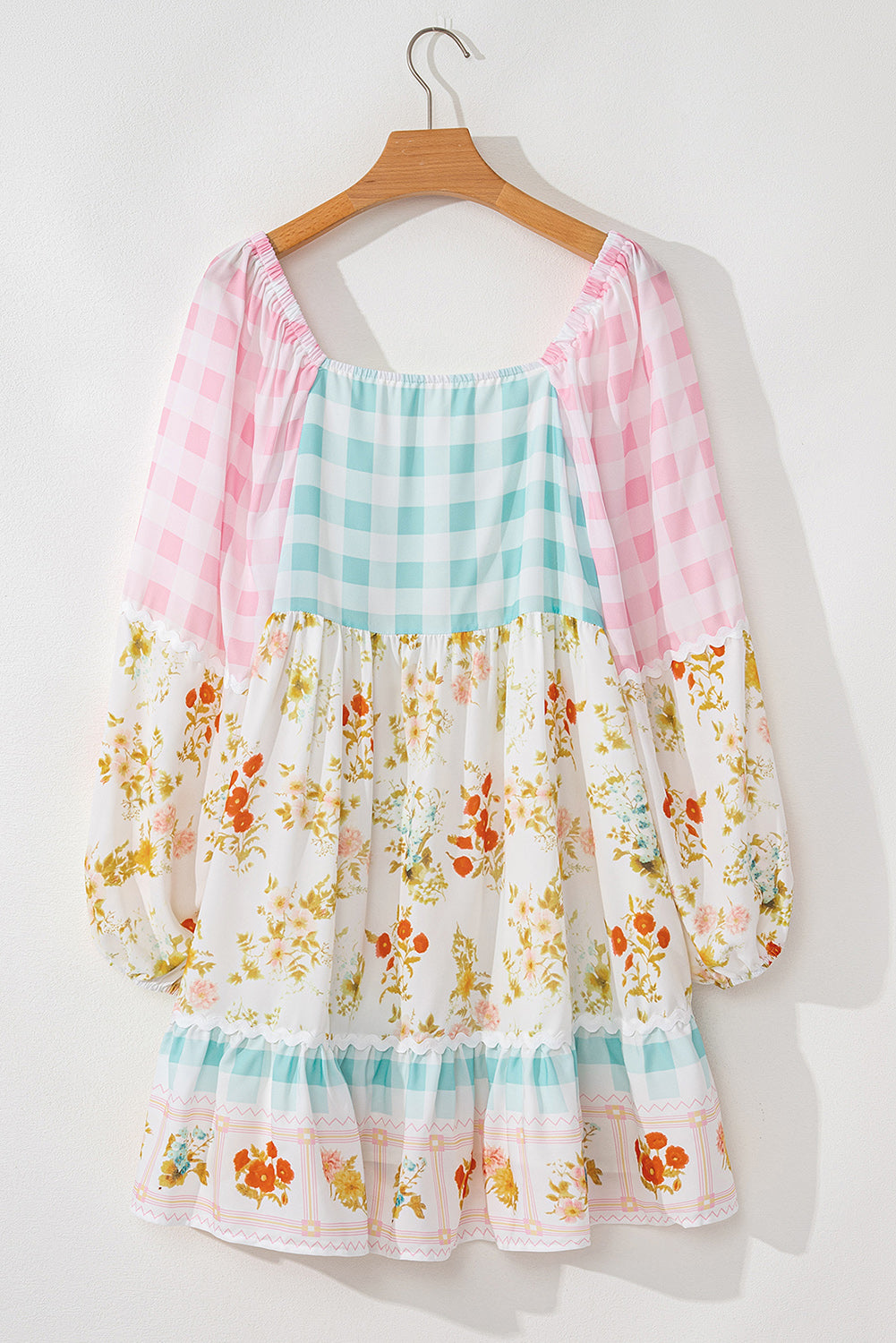 Roze Ric Rac Plaid Floral Print Patchwork Bubble Sleeve jurk