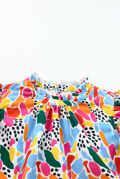 Top met hoge hals en fladdermouwen met veelkleurige abstracte print