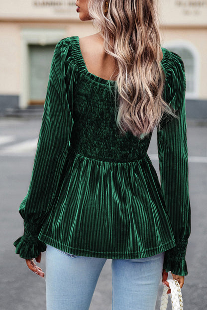 Zwartachtig groene gesmokte geribbelde fluwelen babydoll-top