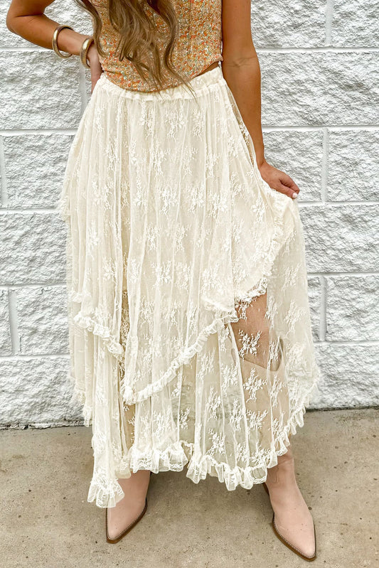 Beige Lace Cascading Tiered High Taille Maxi Rok