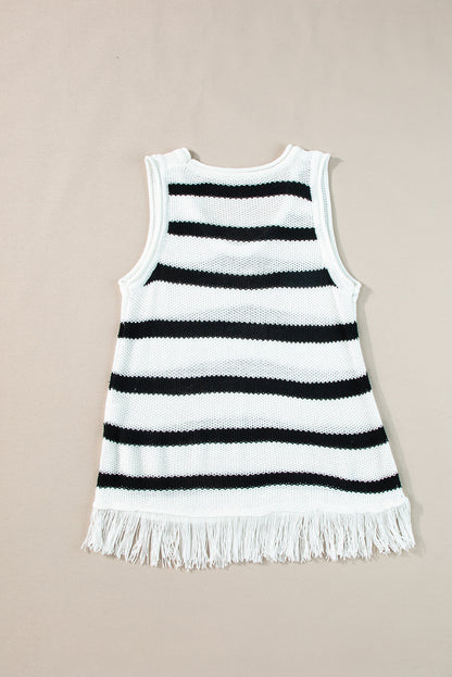 Beige gestreepte losgebreide tanktop met franjes