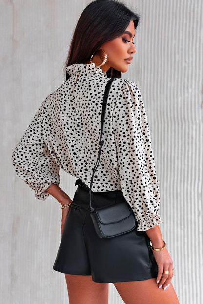 Kaki Cheetah-blouse met 3/4 mouwen en ruches aan de hals