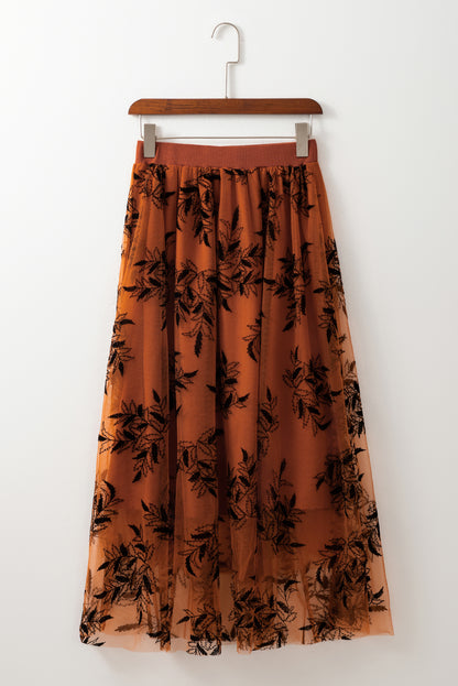Gouden vlam bloemenbladeren geborduurd hoge taille maxi rok