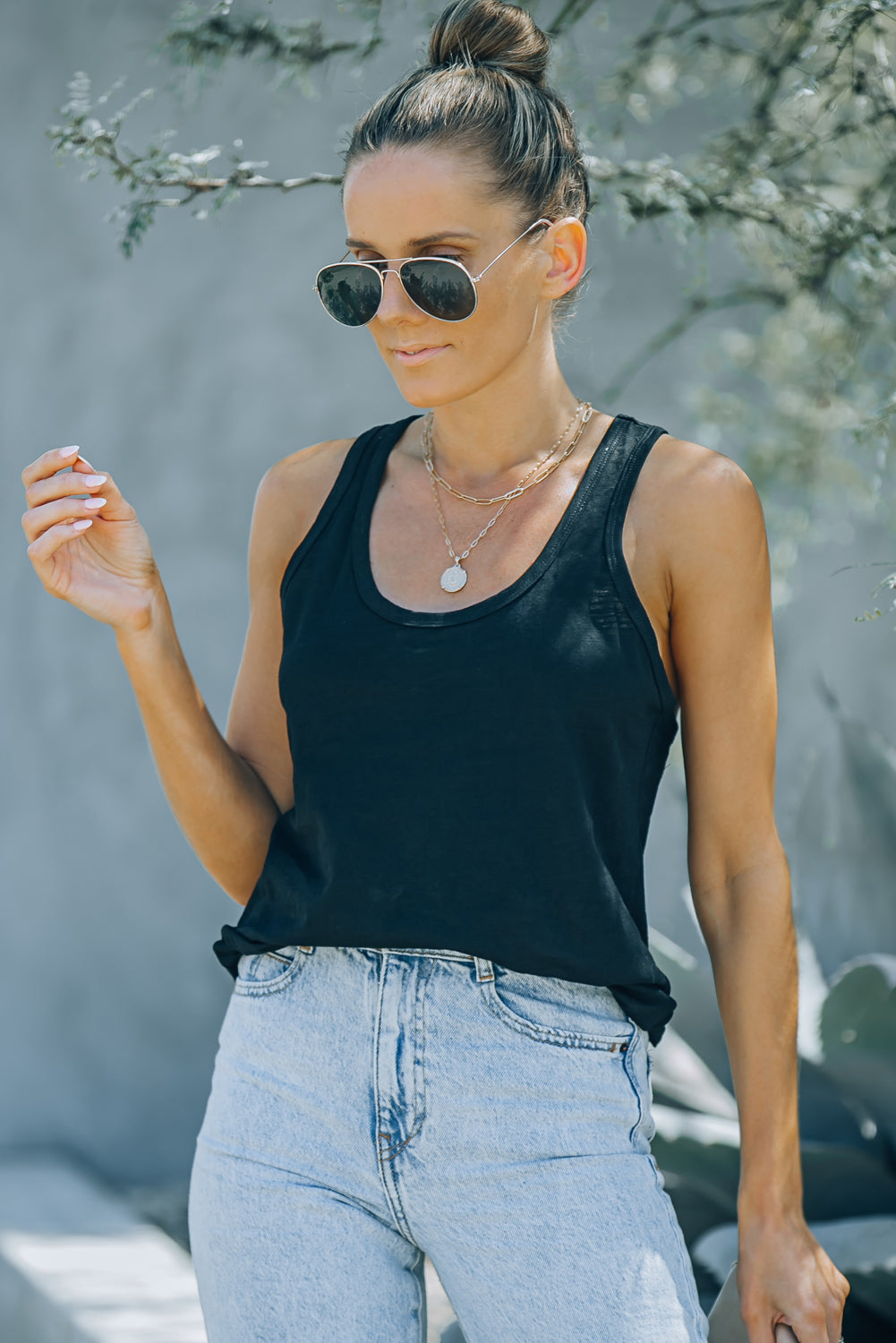 Zwarte basic effen tanktop met ronde hals