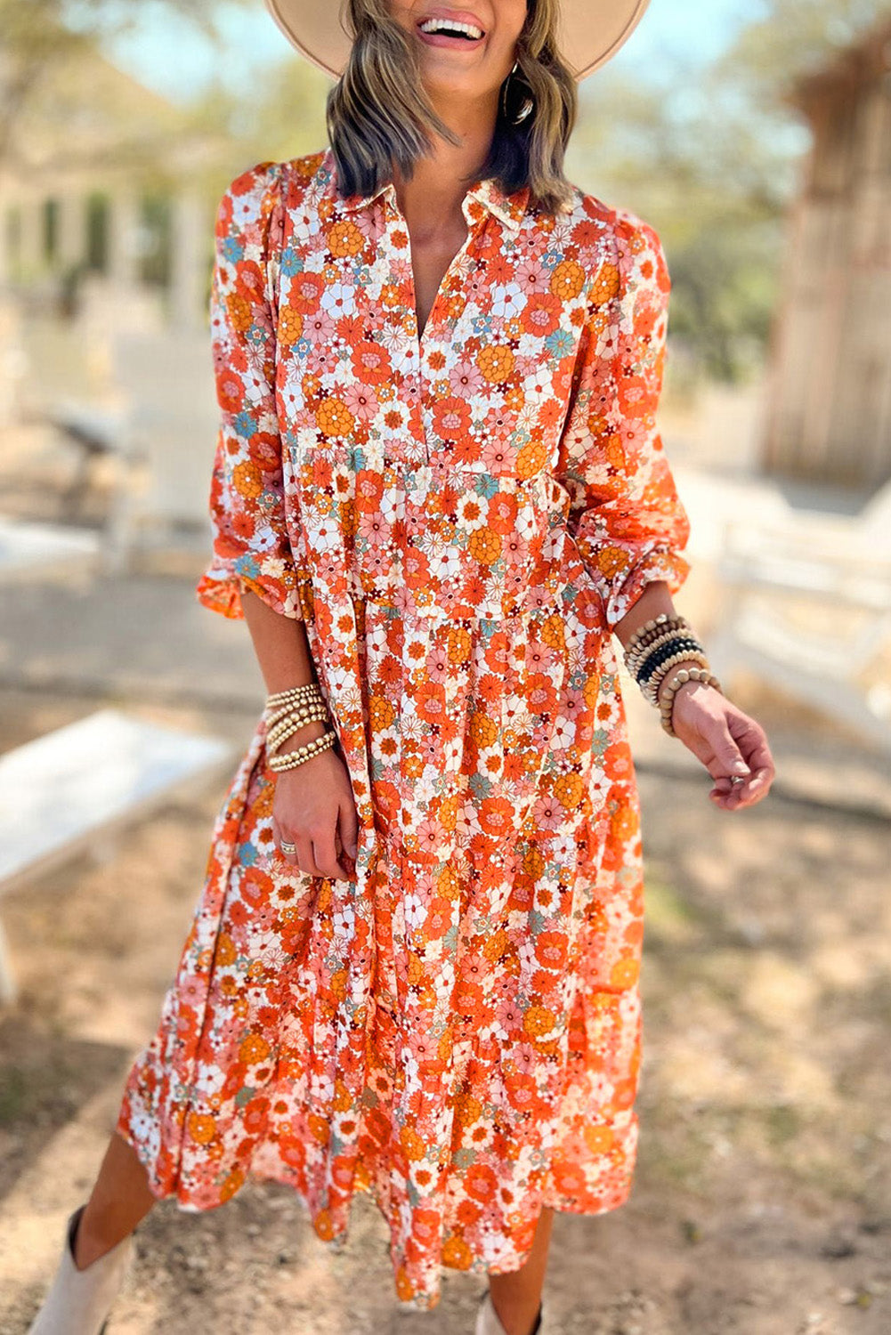 Veelkleurige Boho gebloemde jurk met lange mouwen en ruches