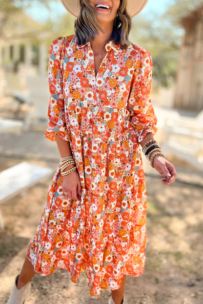 Veelkleurige Boho gebloemde jurk met lange mouwen en ruches